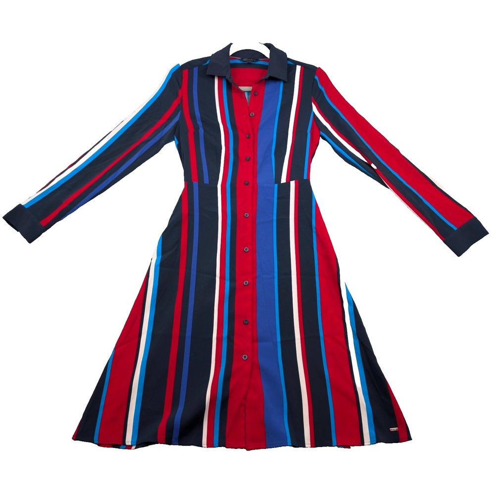 Tommy Hilfiger Midi Shirt Dress Womens XS Multicolor Striped Belted Button Front